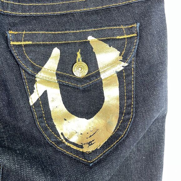 True Religion Blue Dark Wash Metallic Painted Horseshoe Flap Pockets Jeans Sz 31 - Picture 9 of 13